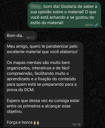 Conversa de WhatsApp: aluno de Guarulhos diz que os mapas são muito bem organizados e de fácil compreensão, e que facilitam o aprendizado e a fixação do conteúdo