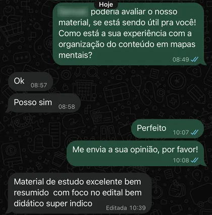 Conversa de WhatsApp: aluno de Guarulhos diz que o material é excelente, bem resumido, com foco no edital e bem didático