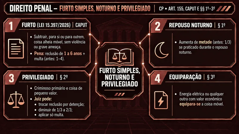 Mapa mental de Direito Penal sobre furto simples, noturno e privilegiado